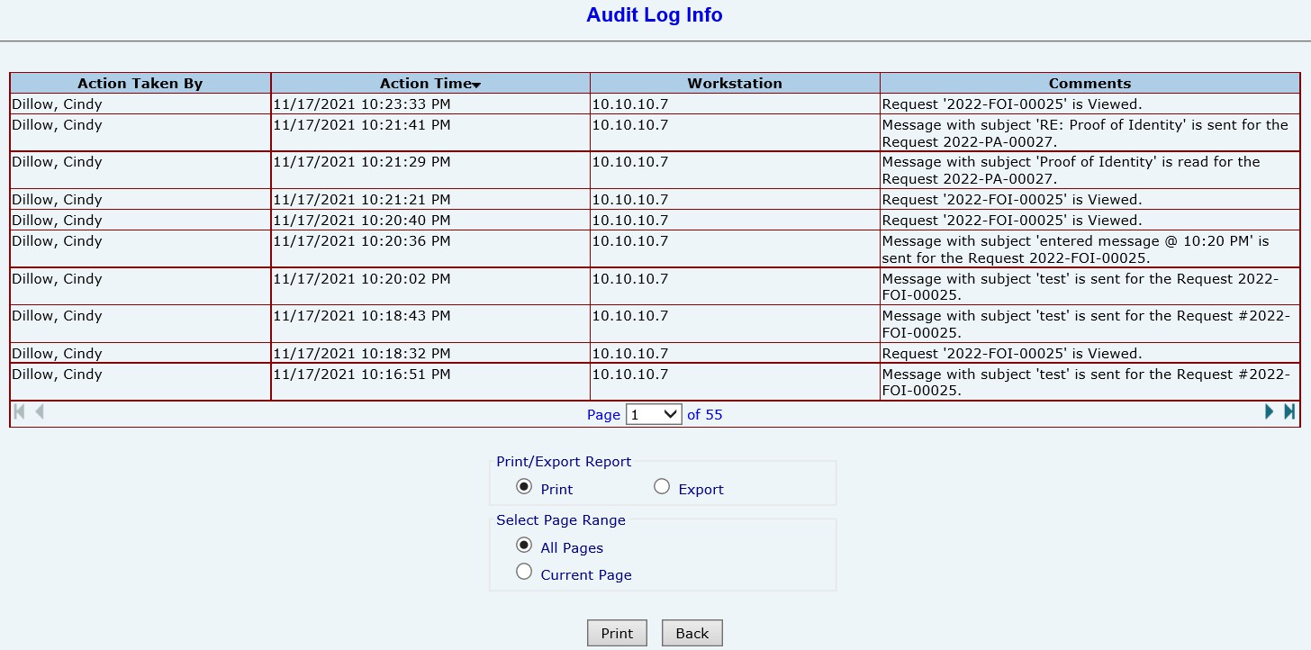 Audit log showing actions taken by Cindy Dillow on November 17, 2021.